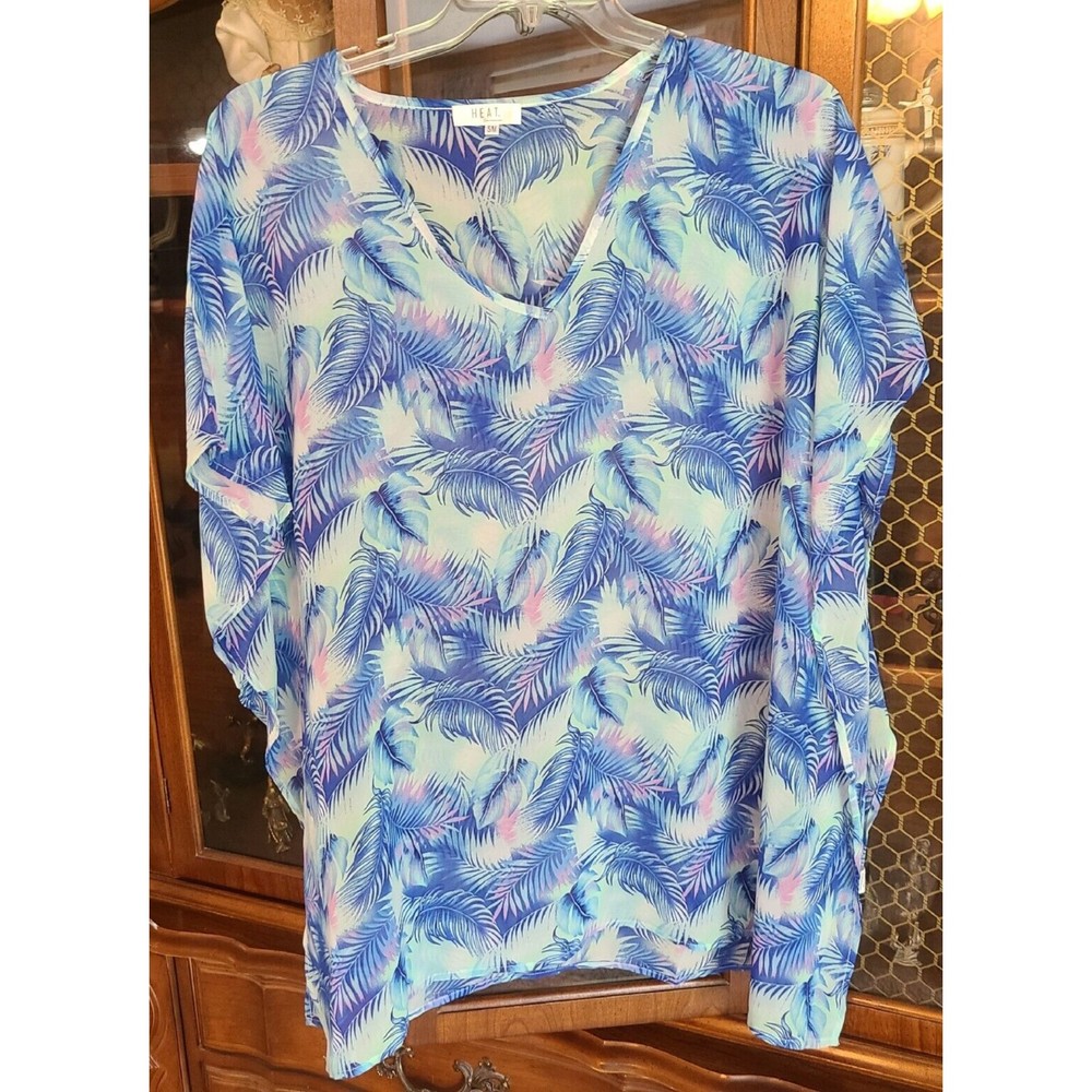 Heat Swimwear Beach Cover Up Womens S/M Blue Sheer Tropical Batwing Palms Resort